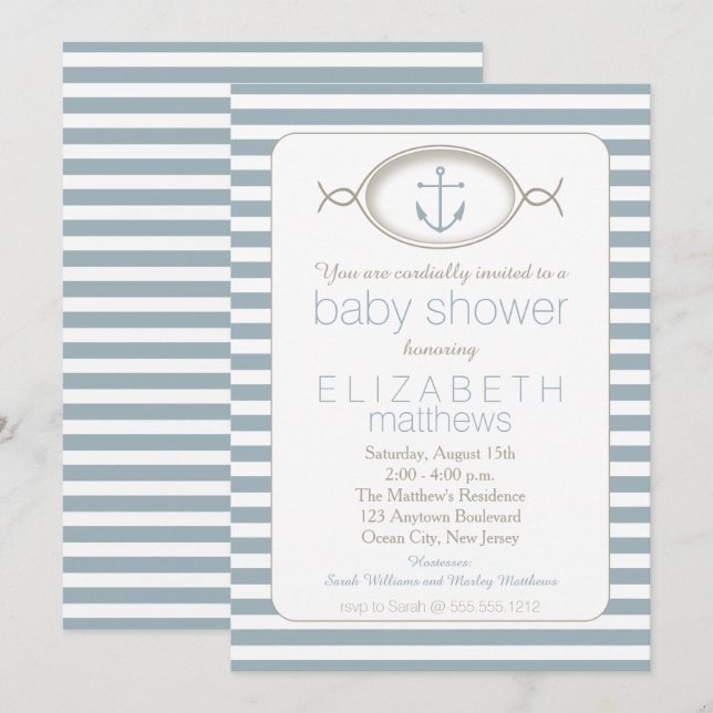 Blue White Nautical Anchor Stripe Boy Shower Inbjudningar (Fram/baksida)