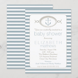 Blue White Nautical Anchor Stripe Boy Shower Inbjudningar