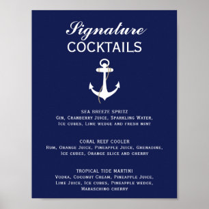 Blue & White Nautical Bröllop Namnteckning Cocktai Poster