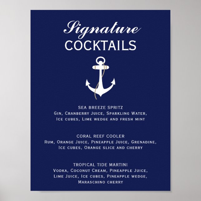 Blue & White Nautical Bröllop Namnteckning Cocktai Poster (Framsidan)