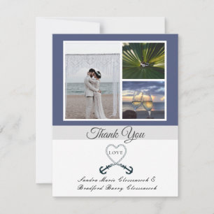 Blue White Nautical Heart Anchor Bröllop Photo Tack Kort