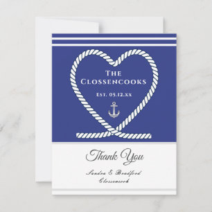 Blue White Nautical Heart Anchor Bröllop Tack Kort