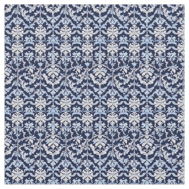 Blue White och Grått Damask William Morris Stil Tyg (Närbild)