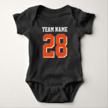 Blue White Orange Football Sports Baby Romper T-shirt<br><div class="desc">Cute-fotbollens jersey-bodykostym för baby. Idrotten mamma och pappa kärlek. Det är bara naturligt att baby också borde. Cute baby i marinblått, vitt och orange. Du kan anpassa namn och spelnumret på framsidan och baksidan av tröjan. Inte bara för fotbollen fläkt. Vilken sportfantast som helst kommer att uppskatta den här utformningen....</div>