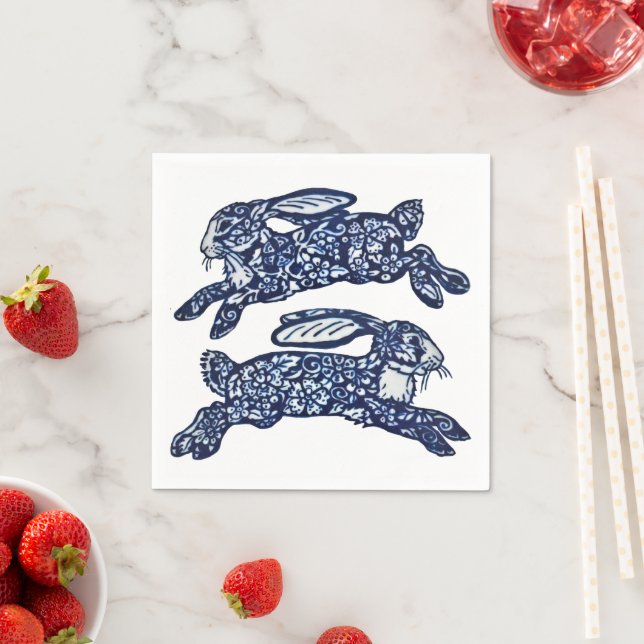 Blue & White Oriental Rabbits Bunny Delft Dedham Pappersservett (Insitu)