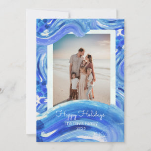 Blue White Painterly Wave-familjfoto Julkort