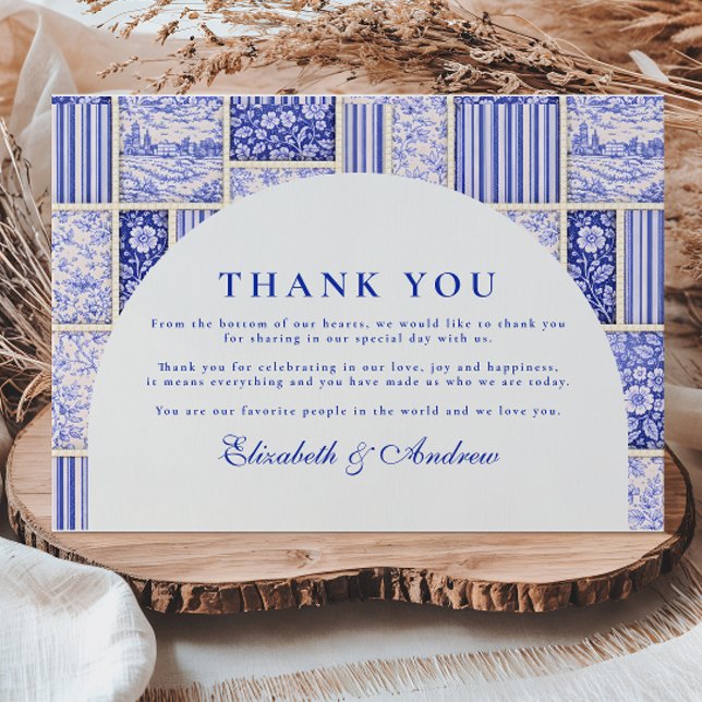 Blue White Patchwork Toile Wedding Tack Kort (Skapare uppladdad)