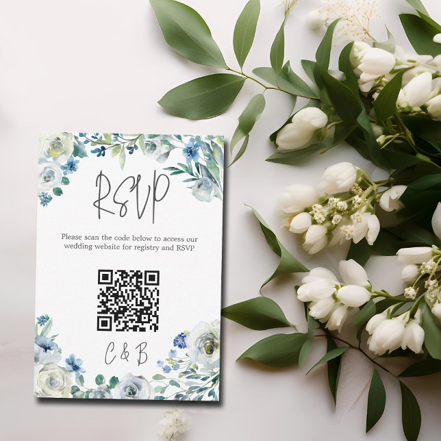 Blue White Peony Blommigt Vår bröllop QR-kod OSA Kort (Skapare uppladdad)