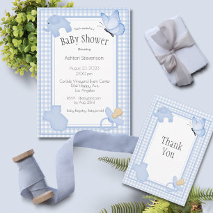 Blue White Play Gingham Boy Shower Inbjudningar