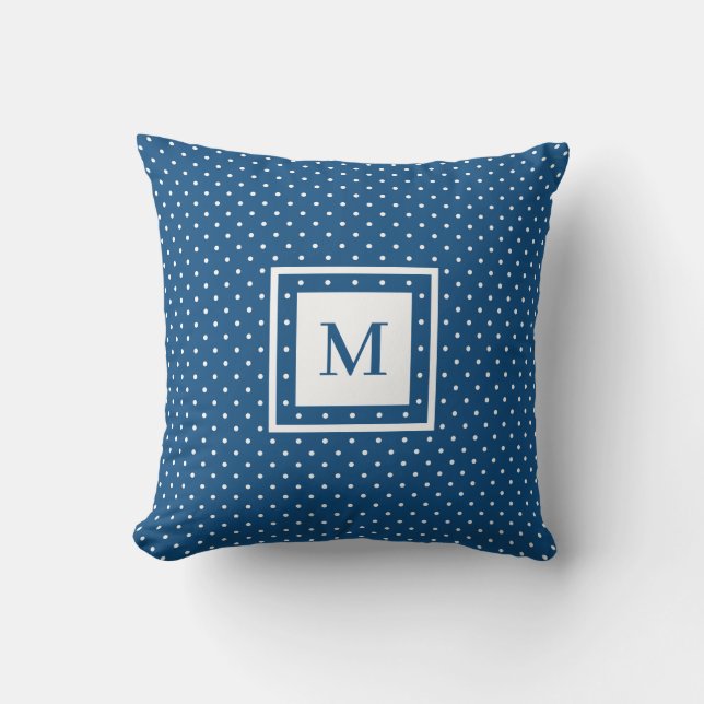 Blue White Polka Dot Mönster med Modern Monogram Kudde (Framsida)