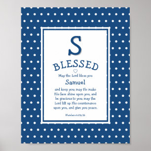 Blue White Polka Dot Namn Baby Blessing Nursery Poster
