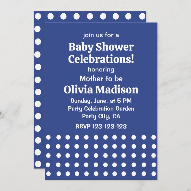 Blue White Polka dots Baby Shower Inbjudningar (Fram/baksida)