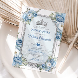 Blue & White Quinceañera Silver Krona 15 Anos Inbjudningar