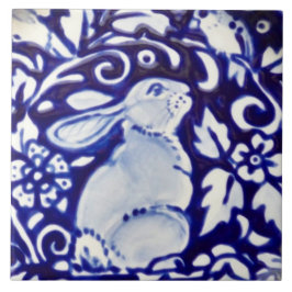 Blue & White Rabbit Bird Blommigt Dedham Tile Triv Kakelplatta