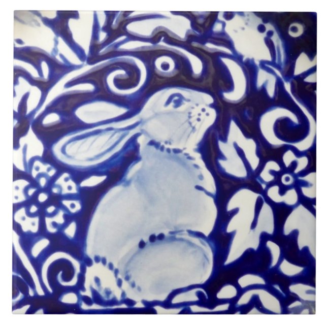 Blue & White Rabbit Bird Blommigt Dedham Tile Triv Kakelplatta (Framsidan)