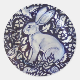 Blue White Rabbit Bird Blommigt Sticker Dedham Nav Runt Klistermärke