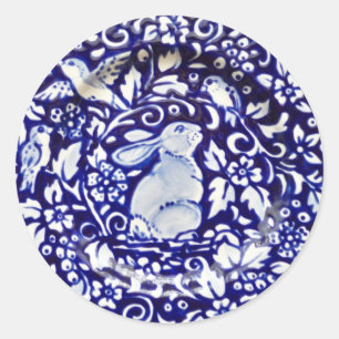 Blue White Rabbit Bird Blommigt Sticker Dedham Nav Runt Klistermärke
