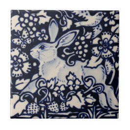 Blue White Rabbit Blommigt Bird Chinoiserie Berry Kakelplatta