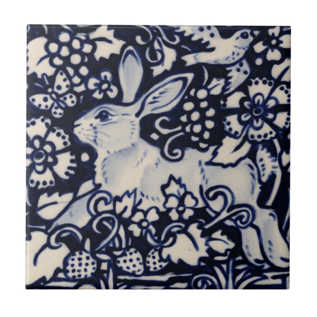 Blue White Rabbit Blommigt Bird Chinoiserie Berry Kakelplatta (Framsidan)