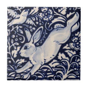 Blue White Rabbit Blommigt Bird Chinoiserie Cobalt Kakelplatta