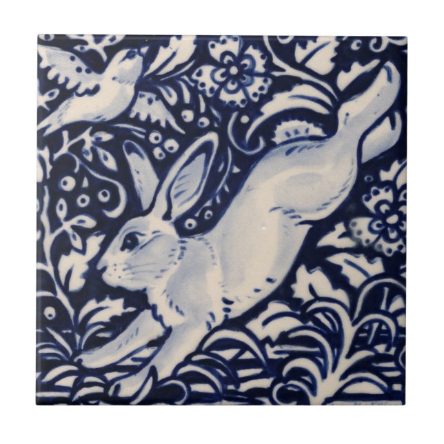 Blue White Rabbit Blommigt Bird Chinoiserie Cobalt Kakelplatta (Framsidan)