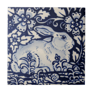 Blue White Rabbit Blommigt Snigel Chinoiserie Coba Kakelplatta