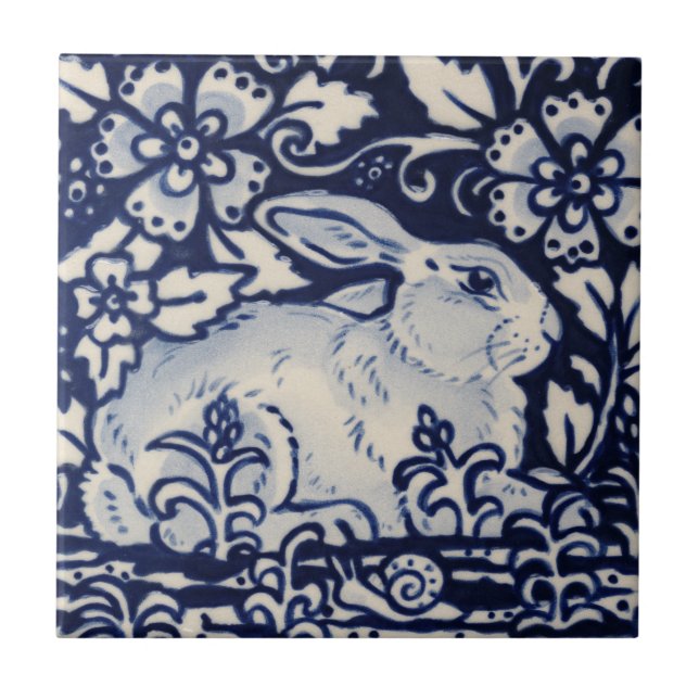 Blue White Rabbit Blommigt Snigel Chinoiserie Coba Kakelplatta (Framsidan)