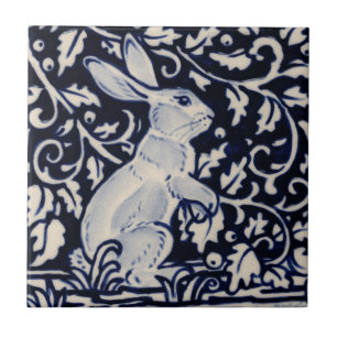 Blue White Rabbit Blommigt Vine Chinoiserie Cobalt Kakelplatta