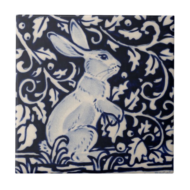 Blue White Rabbit Blommigt Vine Chinoiserie Cobalt Kakelplatta (Framsidan)