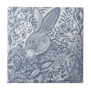 Blue White Rabbit Botanical Delft Dedham Painting Kakelplatta