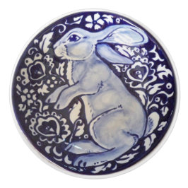 Blue & White Rabbit Bunny Drawer Drag Knob Dedham Knopp