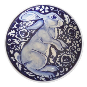 Blue & White Rabbit Bunny Drawer Drag Knob Dedham Knopp