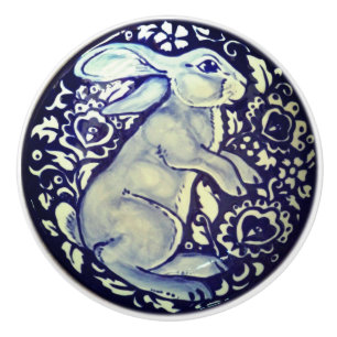 Blue & White Rabbit Bunny Drawer Drag Knob Dedham Knopp