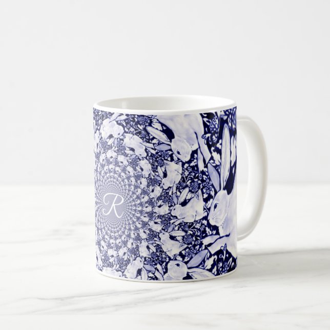Blue & White Rabbit Bunny Hare Fractal Monogram Kaffemugg (Framsida höger)