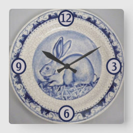 Blue & White Rabbit Bunny Pottery China Dedham Art Fyrkantig Klocka