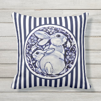 Blue & White Rabbit Bunny Rand Dedham Blommigt Kudde