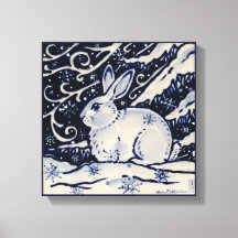 Blue & White Rabbit Bunny Woodland Snö Winter Art