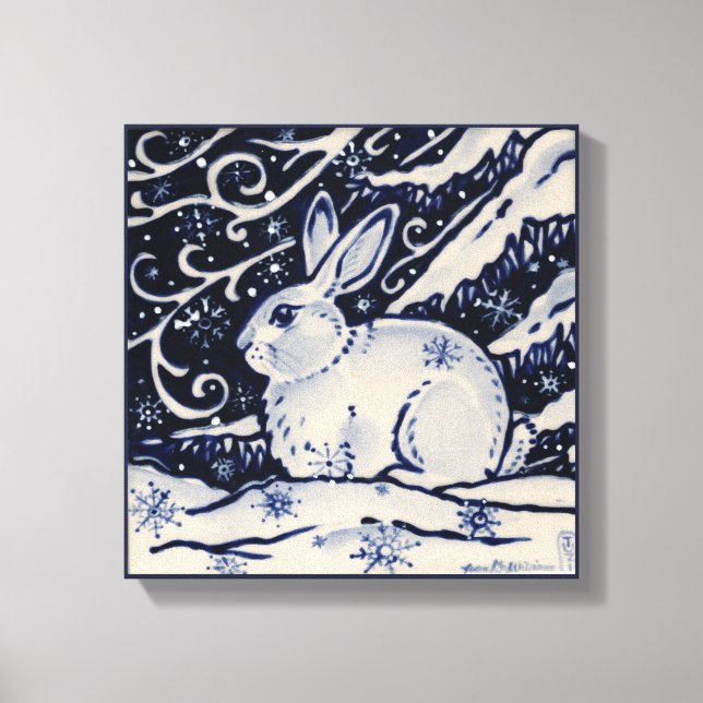 Blue & White Rabbit Bunny Woodland Snö Winter Art Canvastryck (Framsida)