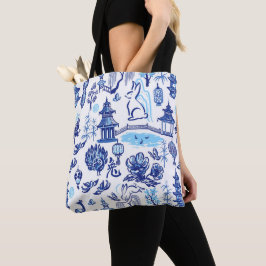 Blue & White Rabbit Chinoiserie Tote Bag Tygkasse