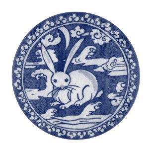 Blue White Rabbit Clouds Måne Antique Chinoiserie