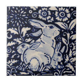 Blue White Rabbit Family Blommigt Chinoiserie Navy Kakelplatta