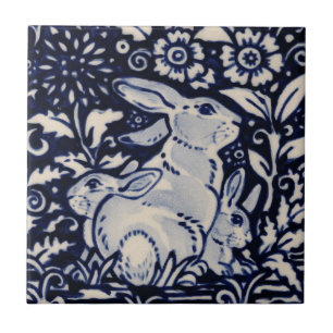 Blue White Rabbit Family Blommigt Chinoiserie Navy Kakelplatta
