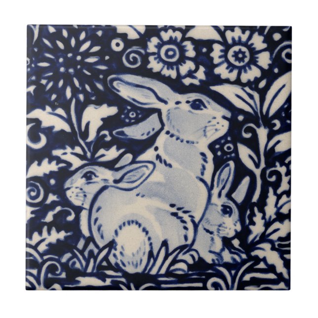 Blue White Rabbit Family Blommigt Chinoiserie Navy Kakelplatta (Framsidan)