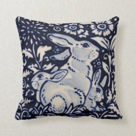 Blue White Rabbit Family Hare Bunny Chinoiserie Kudde