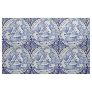 Blue White Rabbit Hare Bird Trio Medallion Fabric Tyg