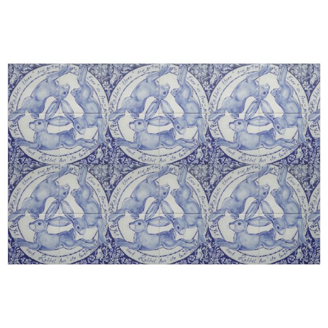 Blue White Rabbit Hare Bird Trio Medallion Fabric Tyg (Fat Quarter)