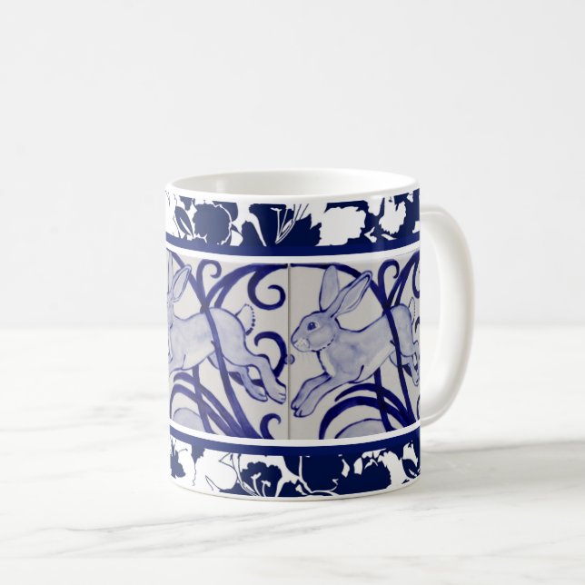 Blue & White Rabbit Hare Bunny Art Deco Tropical Kaffemugg (Framsida höger)