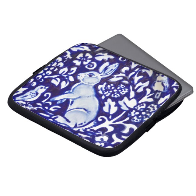 Blue White Rabbit Hare Bunny Bird Blommigt Woodlan Laptop Fodral (Framsida topp)