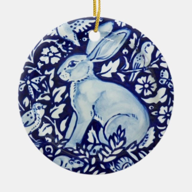 Blue & White Rabbit Hare Bunny-julet Julgransprydnad Keramik (Framsidan)