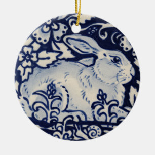 Blue & White Rabbit Hare Bunny-julet Julgransprydnad Keramik